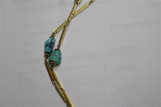 An Italian 18ct gold and turquoise set baton link chain, 78cm.